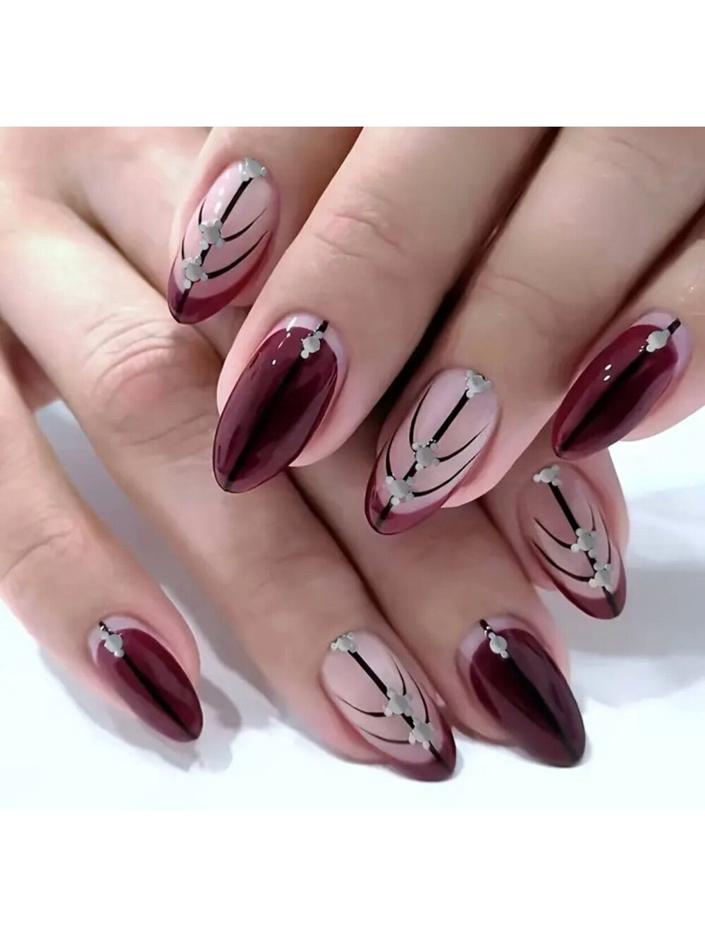 New -24pcs Shimmering Maroon & Rhinestone Design Reusable Press-On-Nails